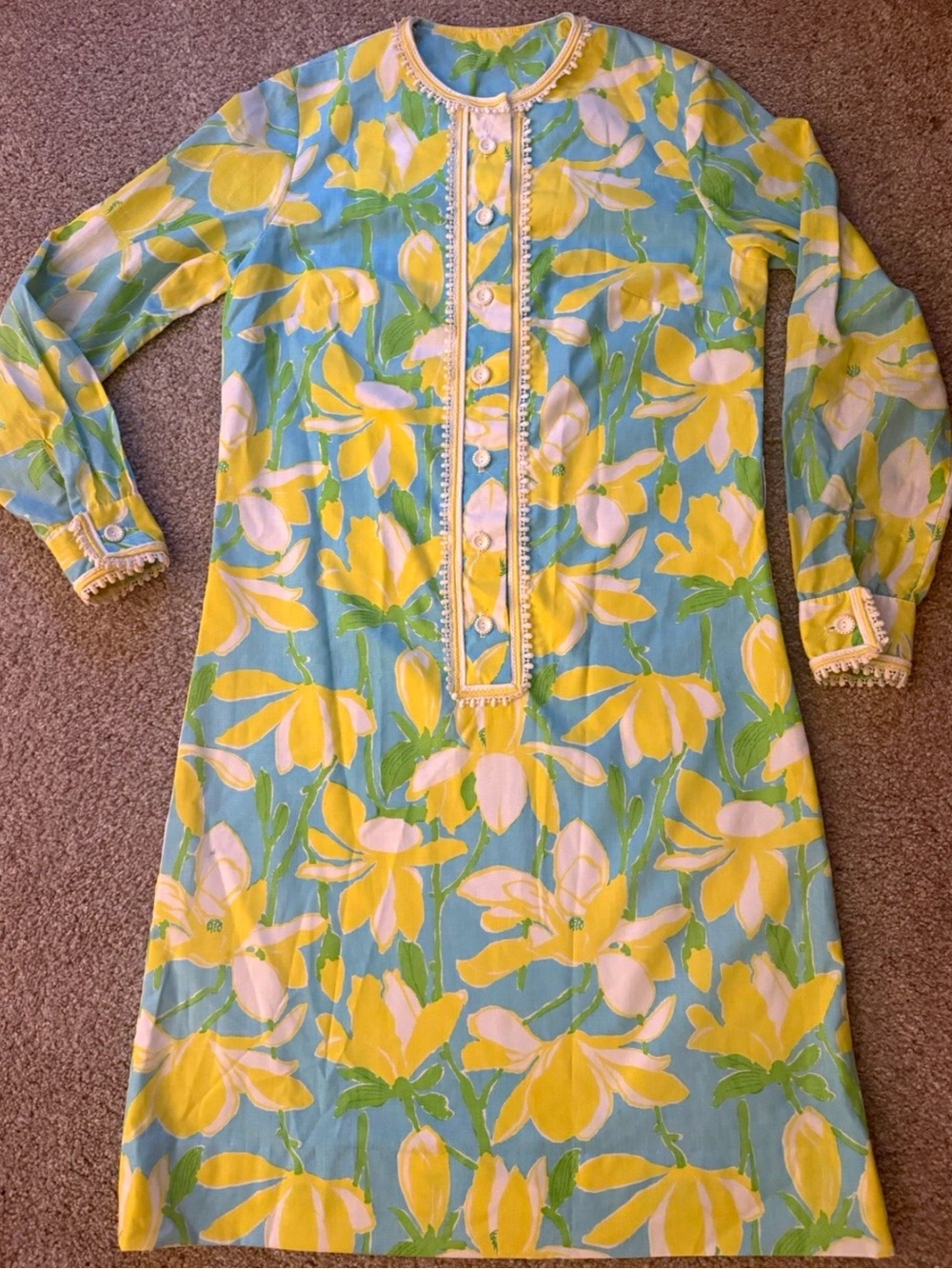 Lilly Pulitzer Floral Shift Dress Blue Yellow Green Button Front Vintage 60s 70s